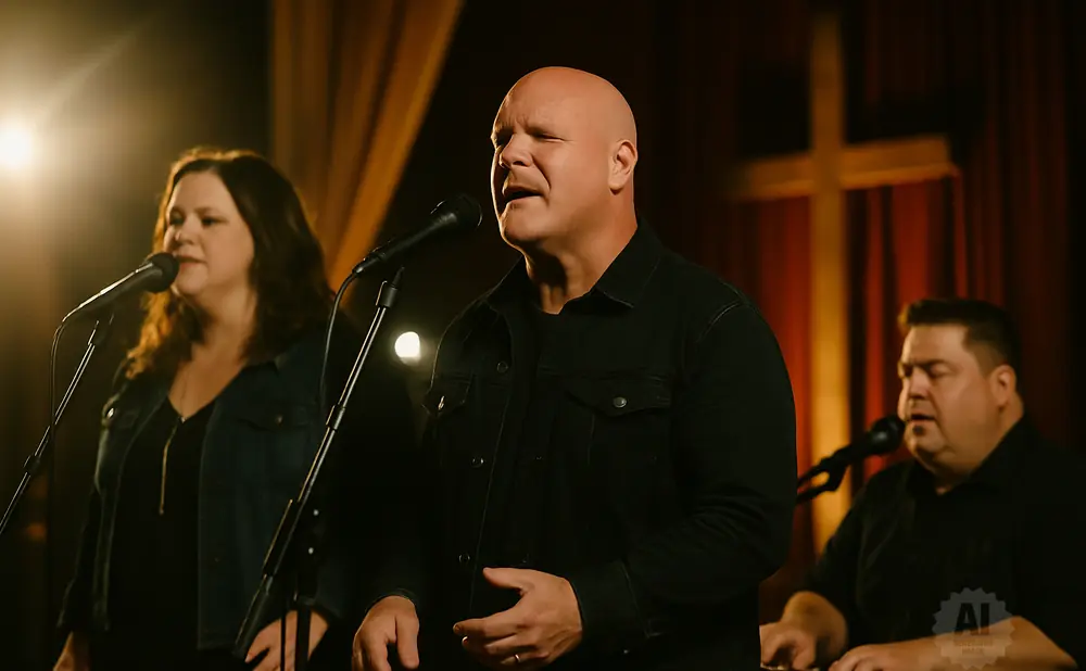 A bald man sings into a microphone, with a woman and a man playing piano beside him.