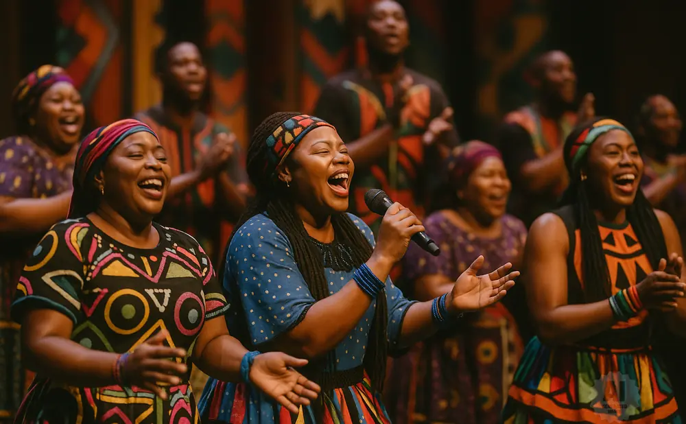 A choir of Black people in colorful, patterned clothing sings enthusiastically.