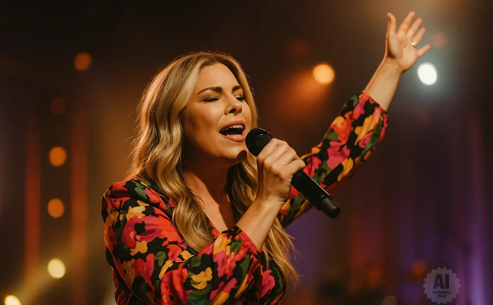 Woman singing into a microphone on stage, wearing a floral dress and raising her arm.