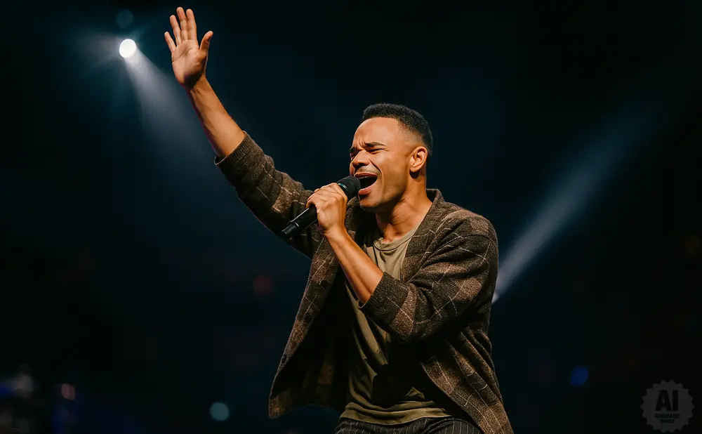A man sings into a microphone with his arm raised in a concert.