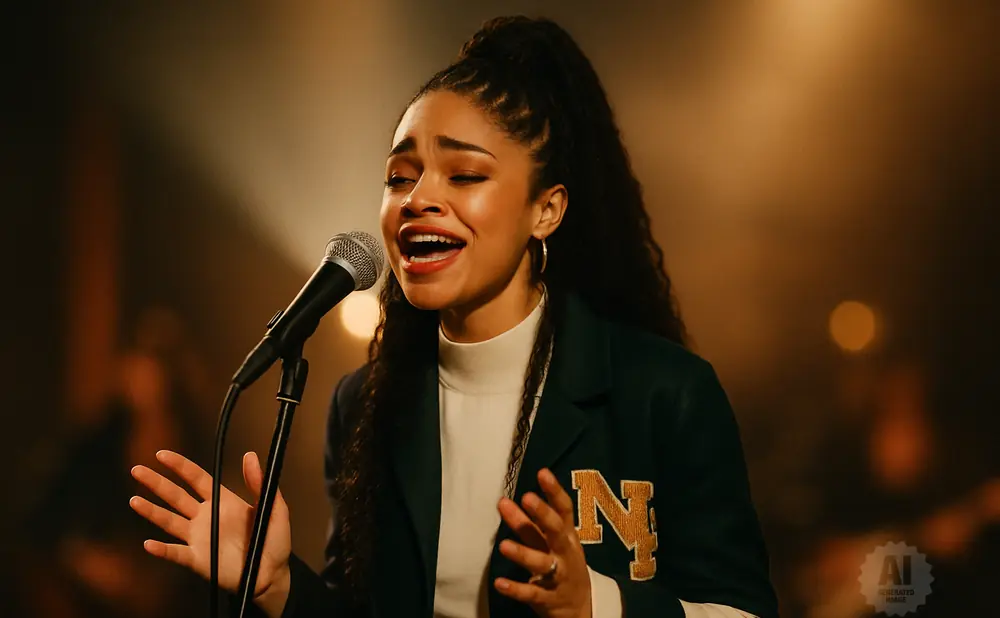 Singer with eyes closed, mouth open, singing into a microphone, wearing a green jacket with 
