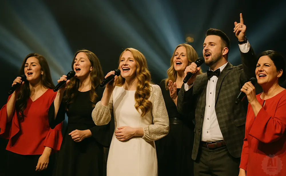 A group of six singers performs on stage, holding microphones and wearing formal attire.