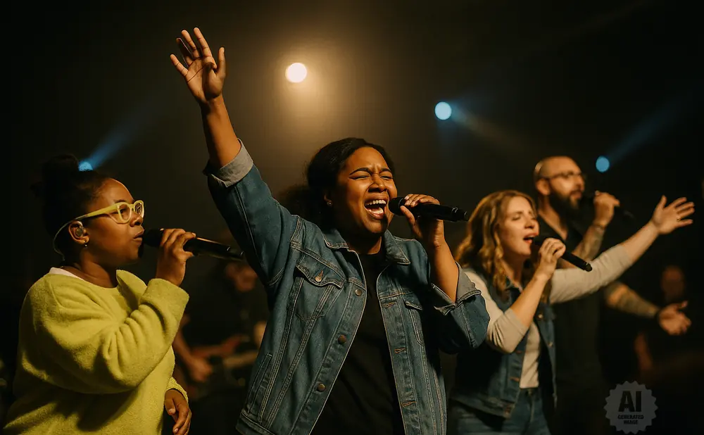 A group of diverse people singing passionately into microphones on stage with lights.