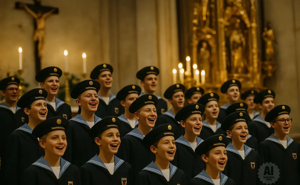Boys choir in navy uniforms and sailor hats sing in a church with candles and a crucifix.