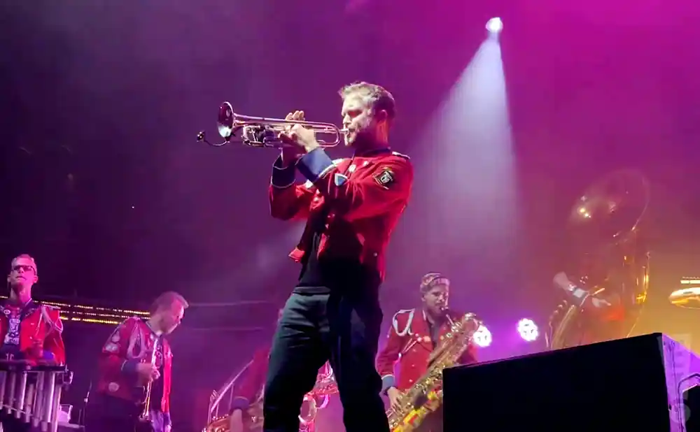 meute performing on stage at albert hall in manchester, england.