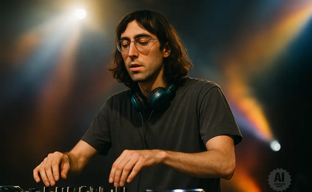 A DJ with long brown hair and glasses, wearing headphones, mixes music on a DJ setup in a dimly lit room with colorful stage lights.