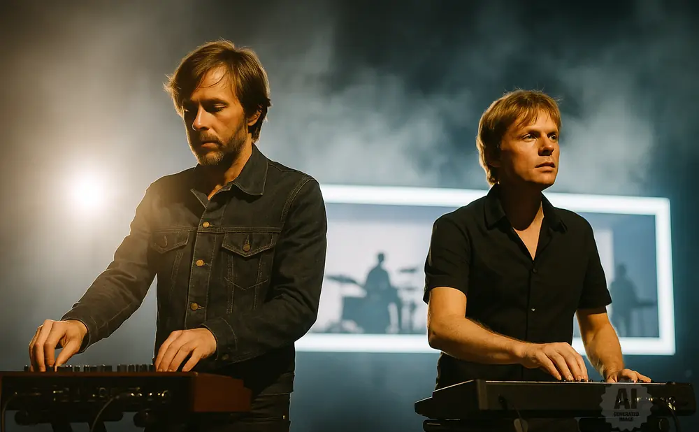 Two men play synthesizers on a stage with dramatic lighting and a large screen behind them.