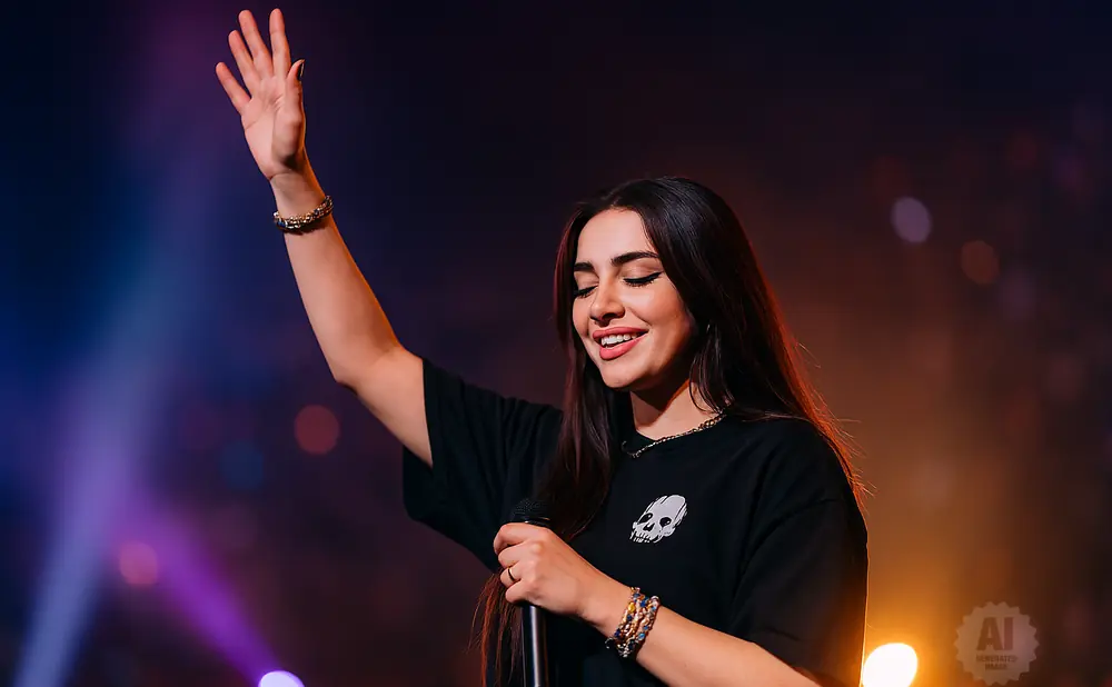 A woman sings into a microphone with her arm raised in a concert with colorful lights.