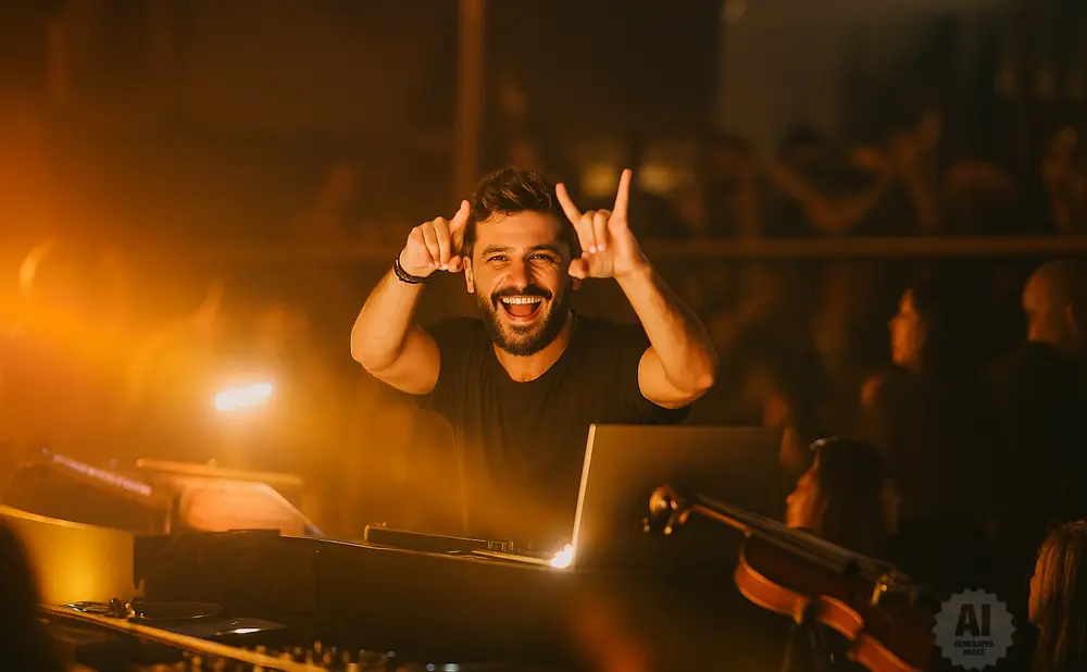 A smiling DJ with his hands raised, making a rock-on gesture, on a stage with a laptop and equipment.