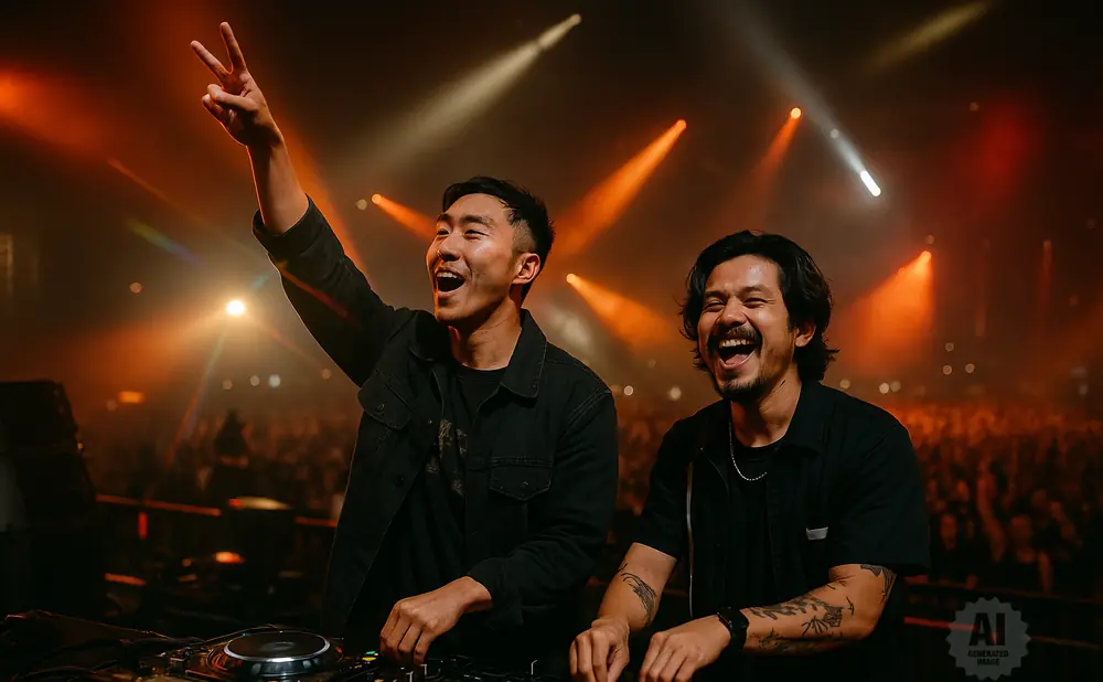 Two DJs in black shirts joyfully perform for a large crowd under vibrant stage lights.