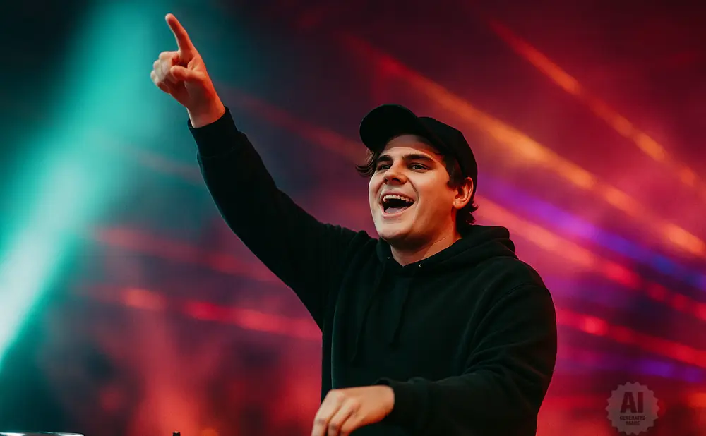 A DJ in a black hoodie and cap points upwards while operating a DJ set with a colorful light show in the background.