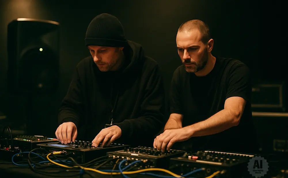 Two men in black clothing focus on electronic music equipment, surrounded by cables and speakers in a dimly lit room.