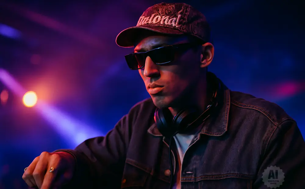 A DJ wearing a baseball cap and sunglasses, with headphones around his neck, plays a mixing board in a club with purple and orange lighting.