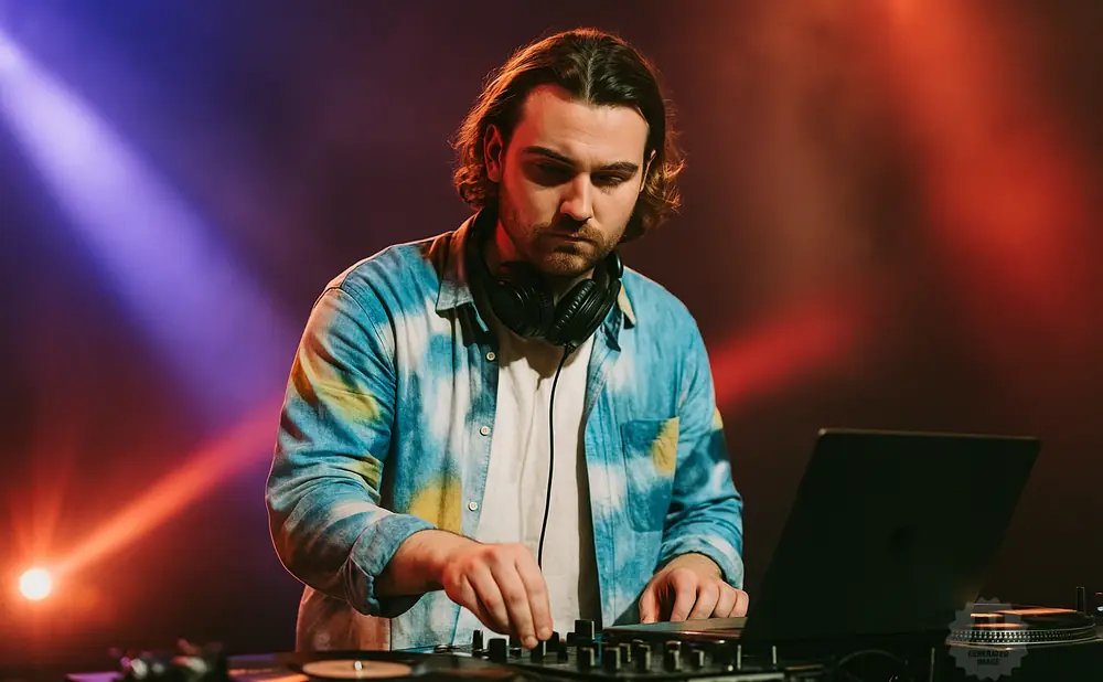 A DJ in a tie-dye shirt uses a mixer and laptop, with headphones around his neck, under colorful stage lights.
