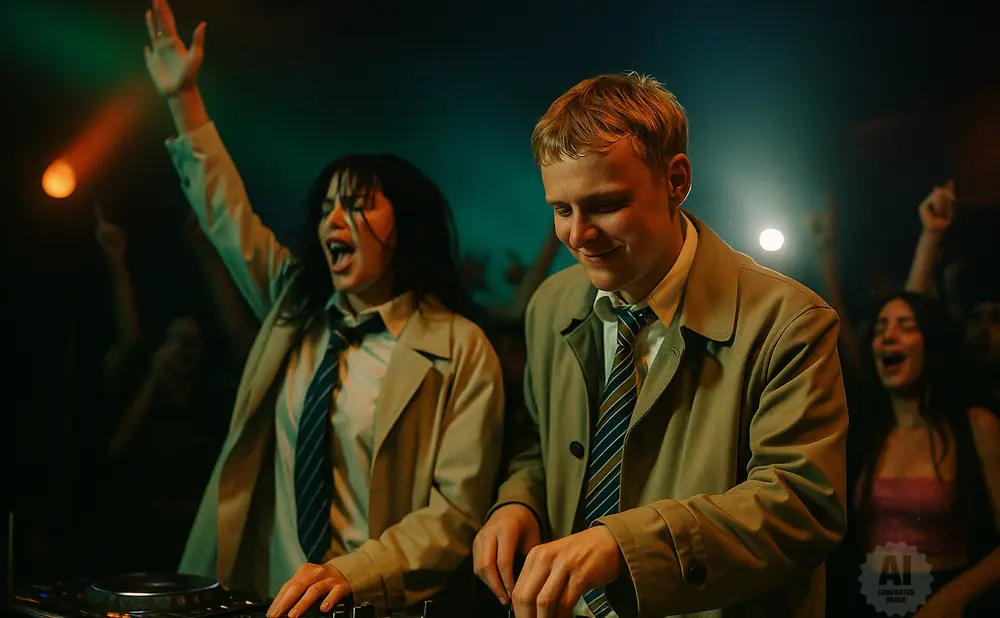 Two DJs, a man and a woman, in trench coats and ties, with a crowd dancing behind them at a club.