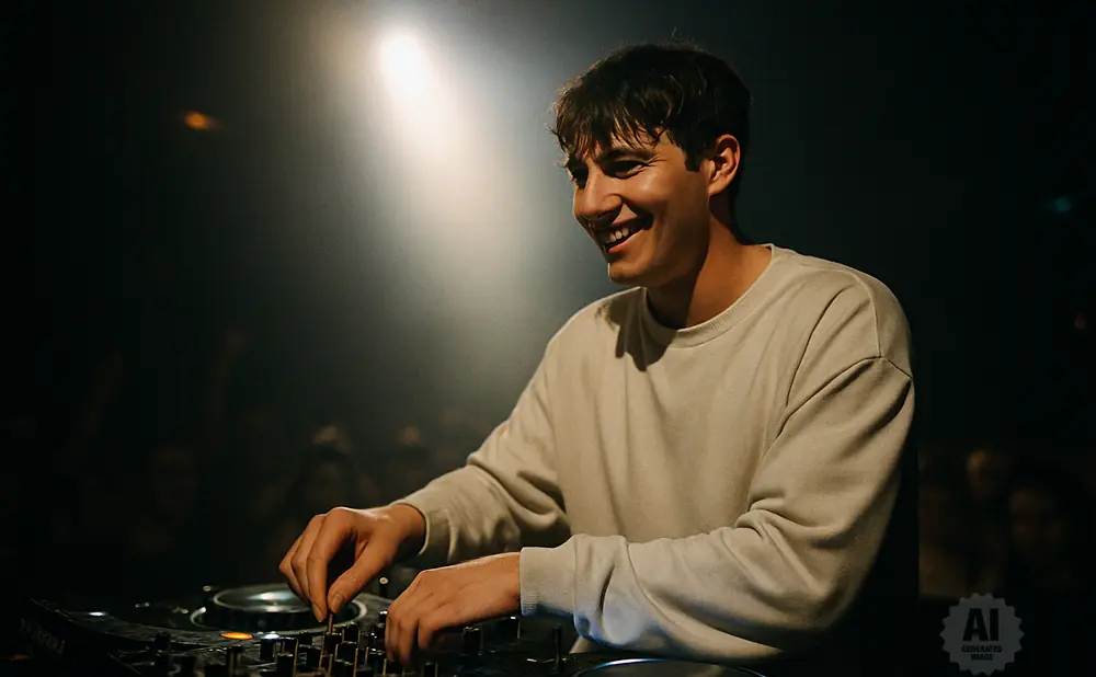 A DJ smiles while working a console at a concert, illuminated by a bright spotlight.