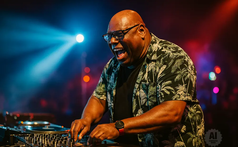 A Black DJ in a tropical shirt smiles while operating turntables under blue and red stage lights.