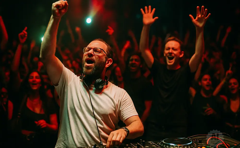 A DJ with his arm raised in celebration at a lively concert, with a cheering crowd in the background.