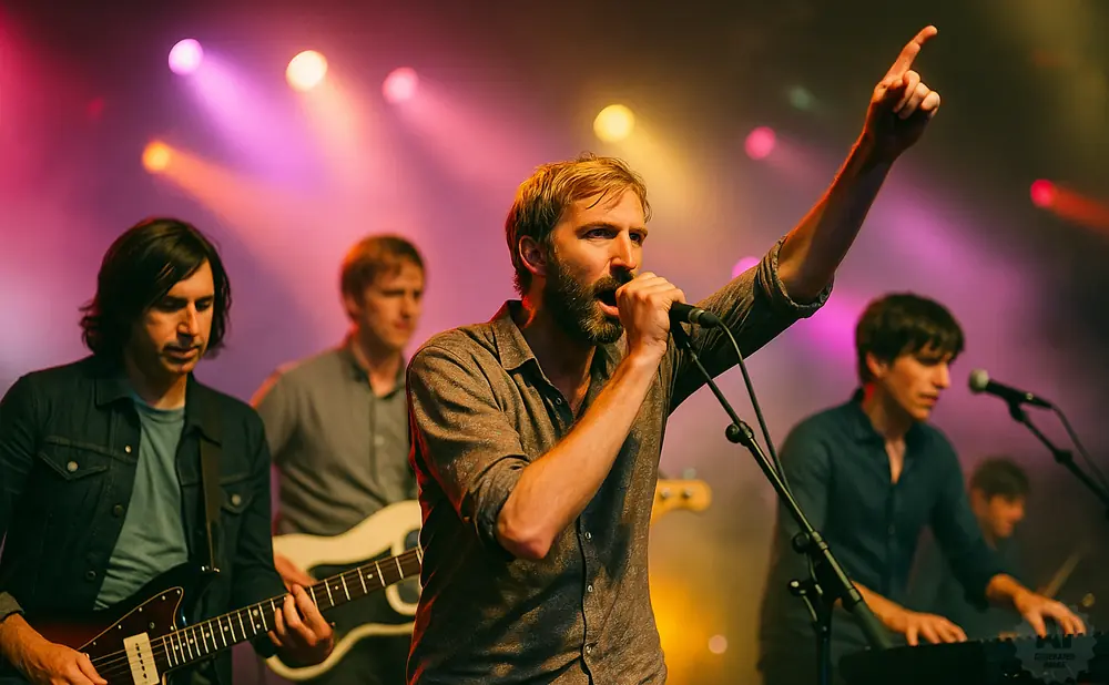 A band performs on stage with bright stage lights. The lead singer holds a microphone and points up.
