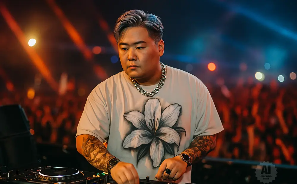 DJ performing on stage with colorful lights and a blurred crowd in the background.