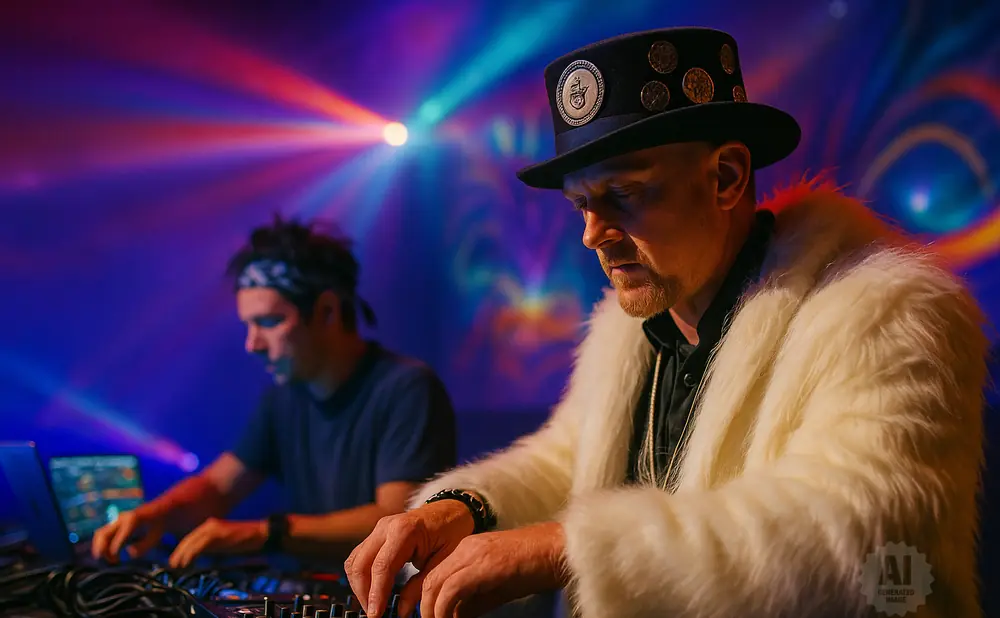 DJ in a fluffy white coat and a hat with coins on it, operating a soundboard with another DJ in the background.