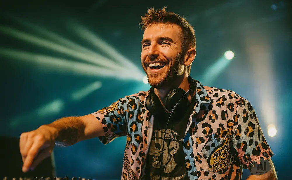 A smiling DJ in a colorful leopard print shirt plays music on a DJ booth.