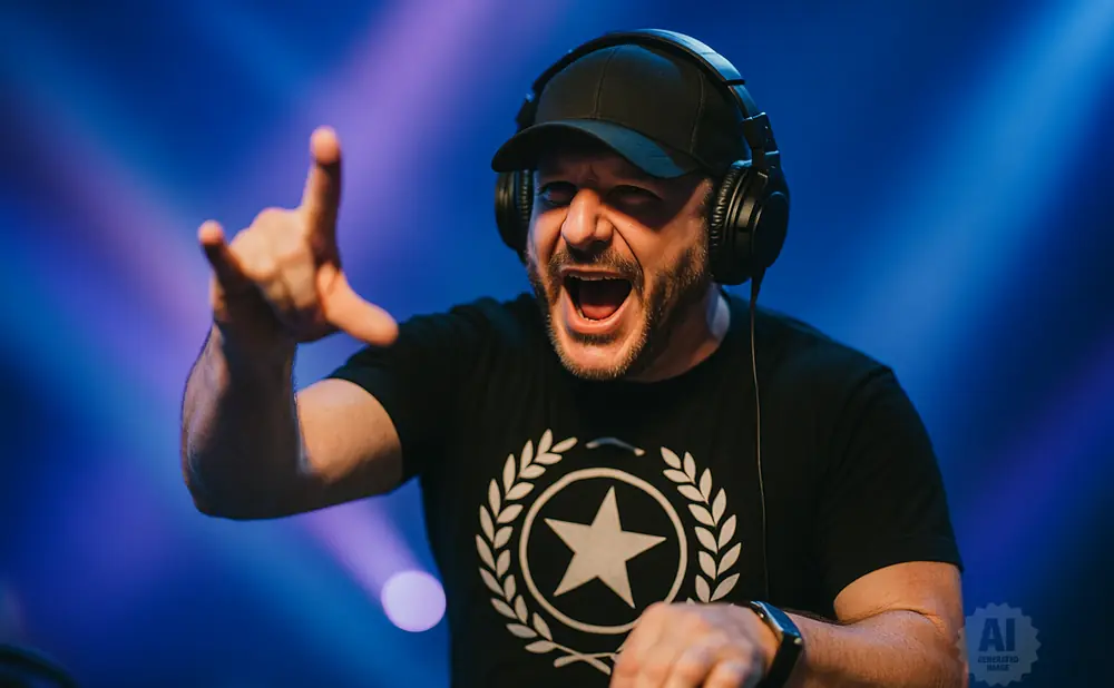 DJ in black cap and headphones, excitedly gestures with hand raised, playing music.