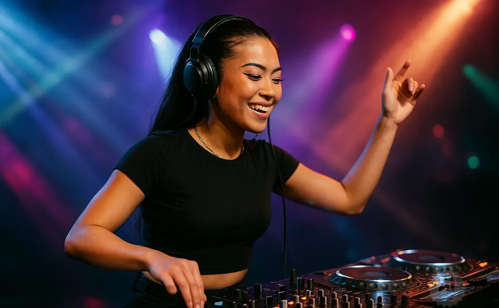 A female DJ in headphones smiles as she mixes music on a DJ setup.