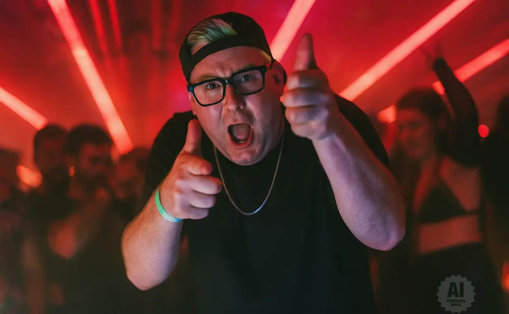 Man in a black shirt and baseball cap points at the camera with a green bracelet on his arm.