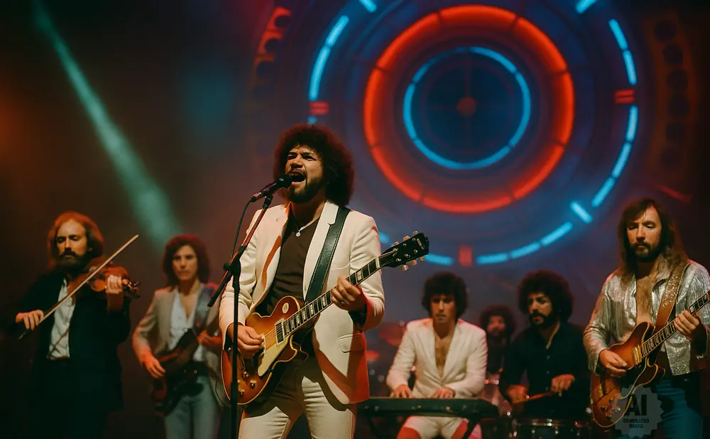 A band performs on stage with a guitarist singing and playing a Gibson Les Paul guitar.