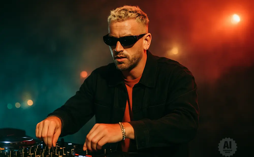 DJ with blonde hair, sunglasses, and a black jacket, adjusting controls on a DJ mixer in a dimly lit club with red and green lighting.
