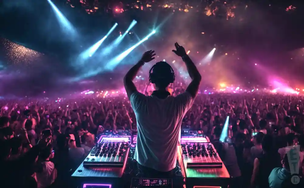 a rear view photo of excision performing a concert on stage to a lively audience