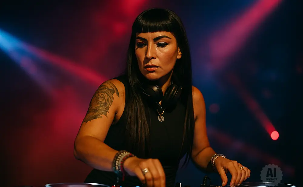 A female DJ with a rose tattoo on her arm and headphones around her neck is playing music at a DJ booth with colorful stage lighting.