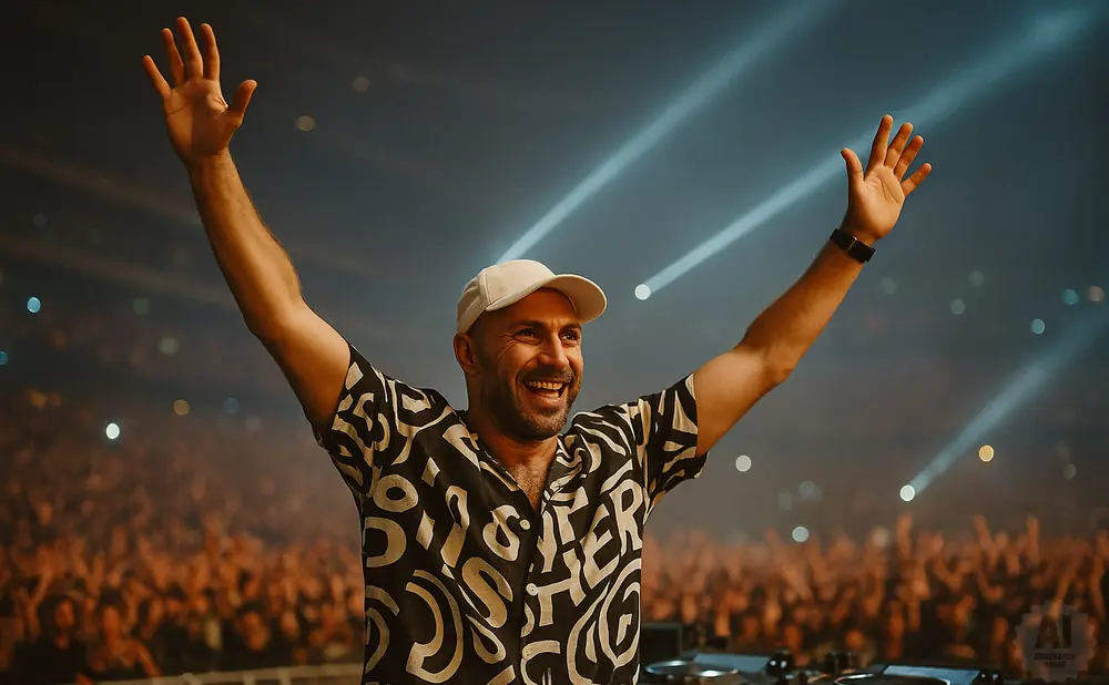 DJ with arms raised, smiling at a cheering crowd, with stage lights in the background.