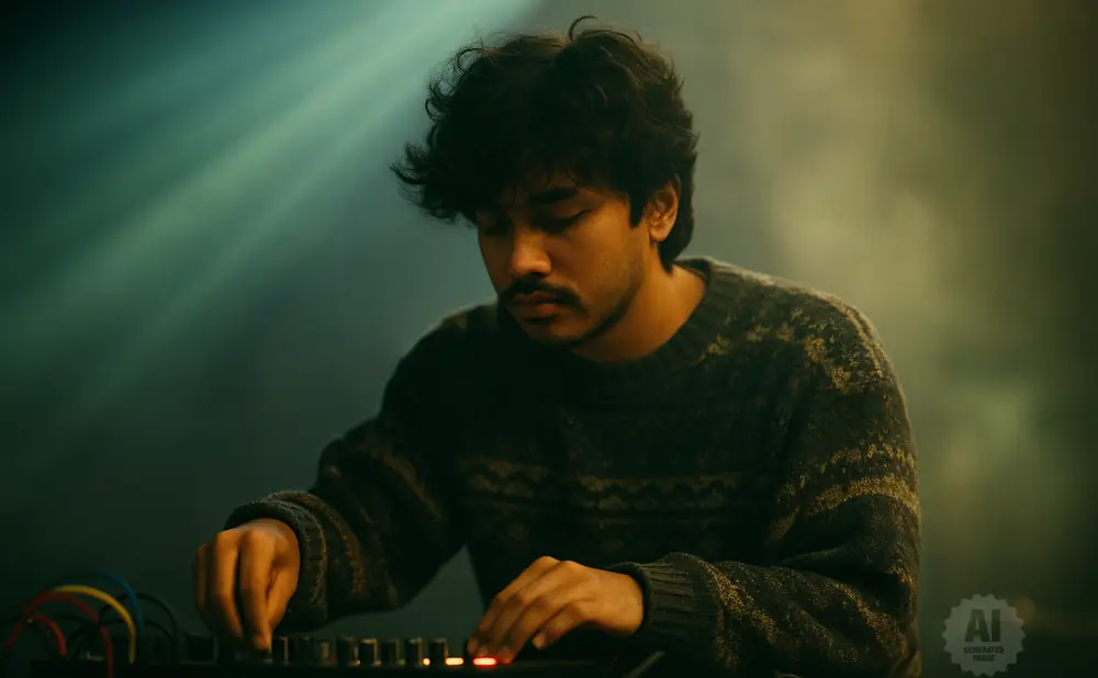 Young man with curly hair wearing a patterned sweater, focused on adjusting knobs on a soundboard.