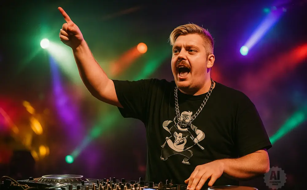 A DJ with blonde hair and a mustache, wearing a black t-shirt, points up with his right hand while playing on a DJ console.