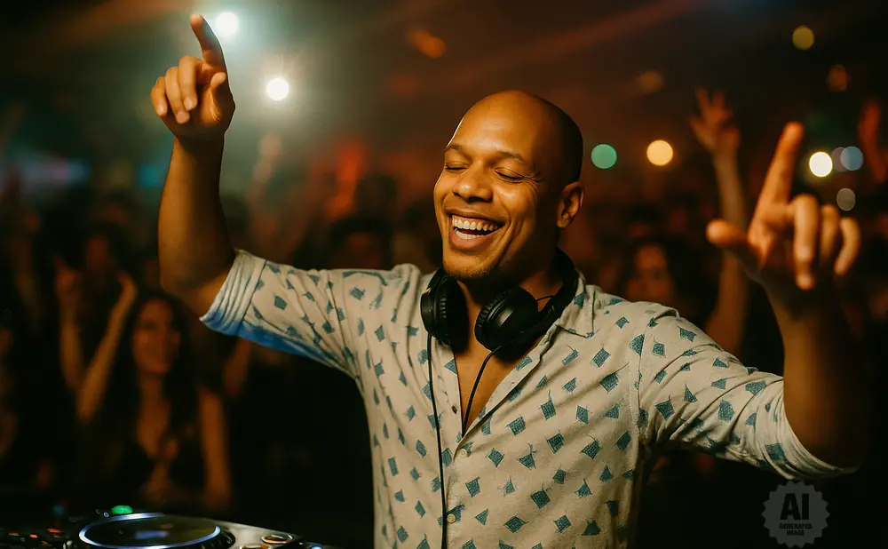 A bald Black man, wearing a patterned shirt and headphones, smiles and points up while DJing at a club.