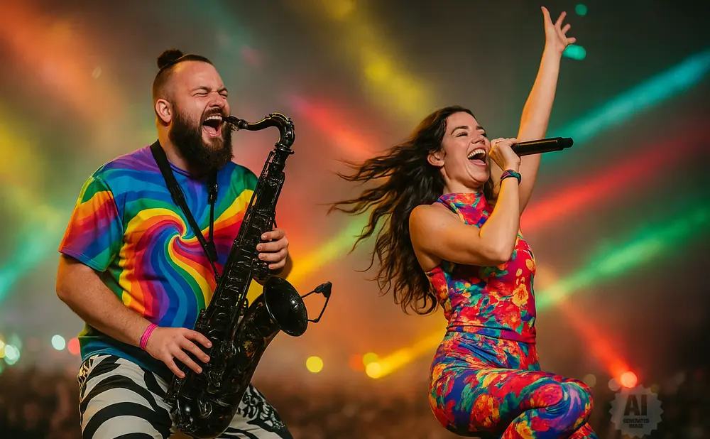 A singer and saxophonist perform on stage with colorful lights in the background.