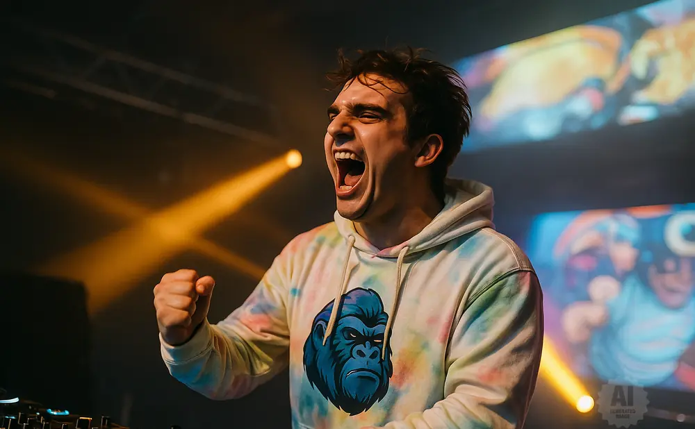 A man in a tie-dye hoodie with a gorilla print shouts while raising his fist, illuminated by yellow stage lights.