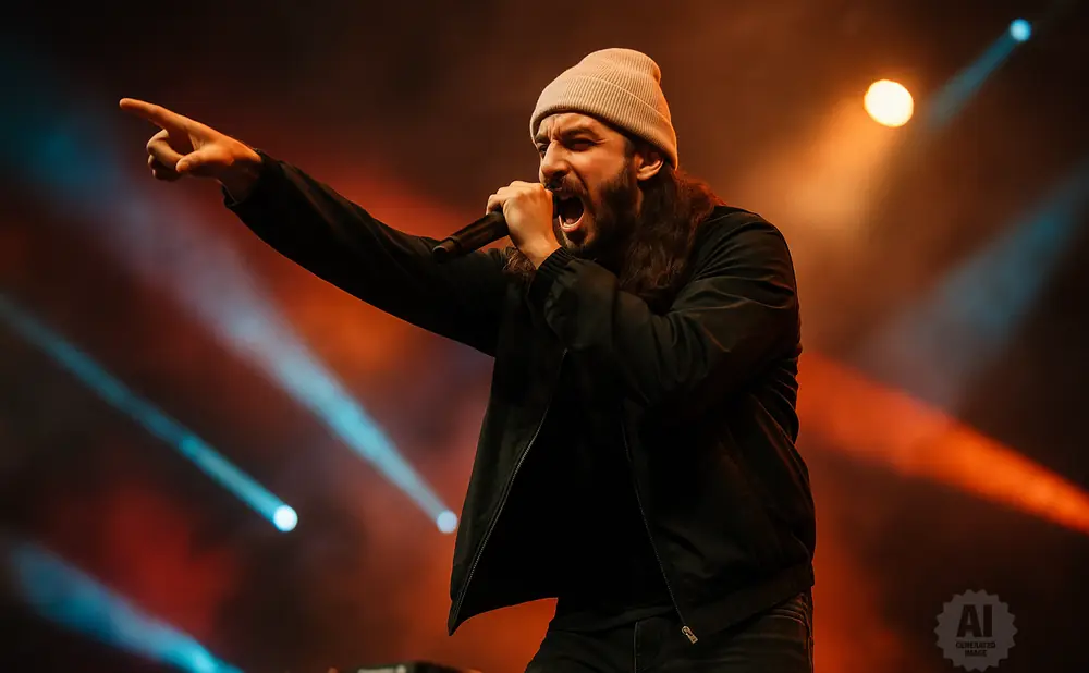 A male rapper in a beanie and jacket performs on stage, pointing with his left hand while holding a microphone.