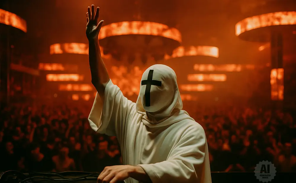 A person in a white hooded robe with a black cross on their face, raising one hand while operating a DJ mixer to a cheering crowd.