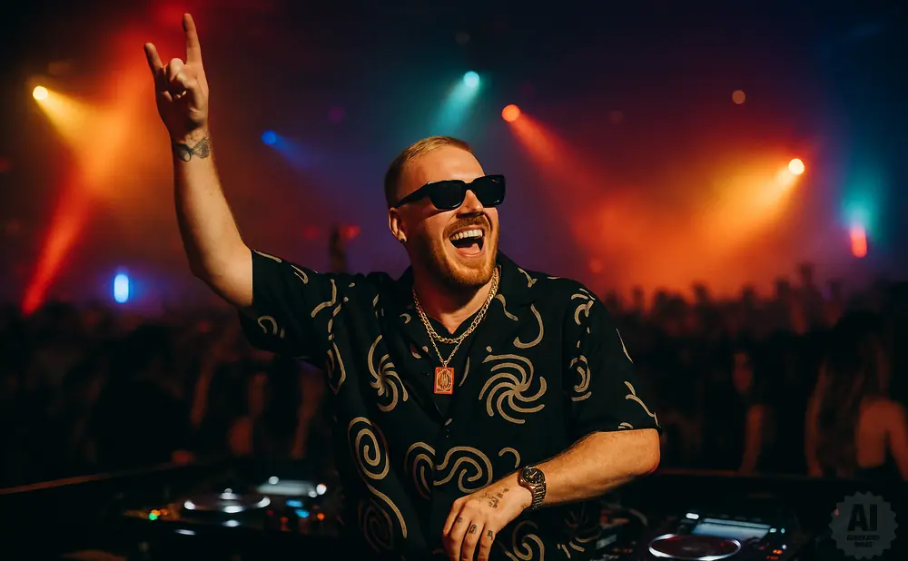DJ with arm raised in a rock-on gesture, wearing sunglasses and a patterned shirt, performing at a club with colorful lights.