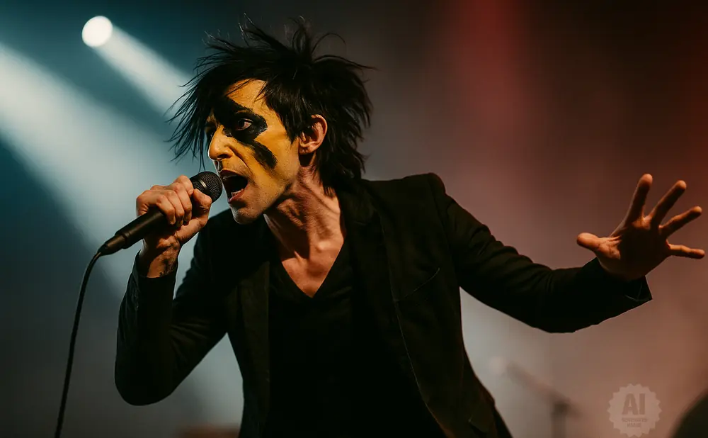 A man with theatrical makeup sings into a microphone on stage.