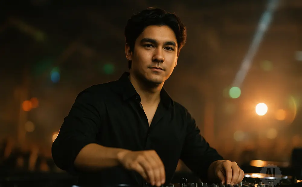 A man in a black shirt uses a DJ setup with lights in the background.