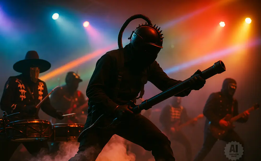 Musicians in dark, masked outfits perform on a smoky stage with colorful stage lighting.