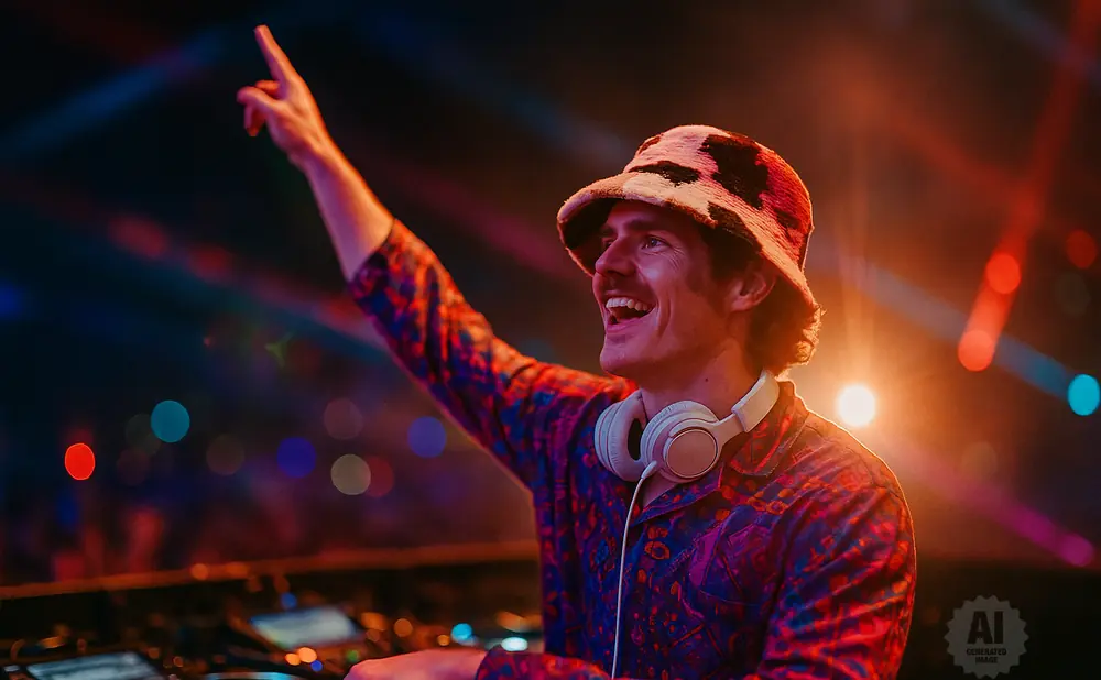 A DJ in a patterned shirt and bucket hat smiles, pointing a finger up while working at a DJ booth with colorful lights.