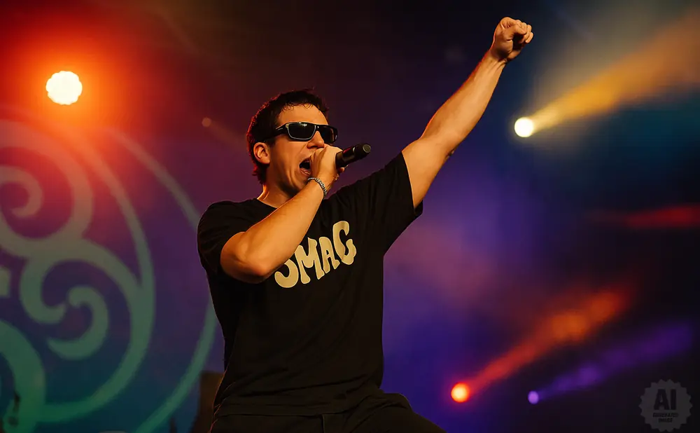 A rapper in sunglasses performs on stage, holding a microphone and raising his fist in the air under a spotlight.