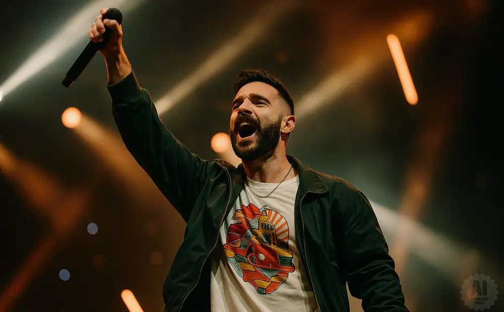 Man singing into a microphone on stage, with bright stage lights behind him.