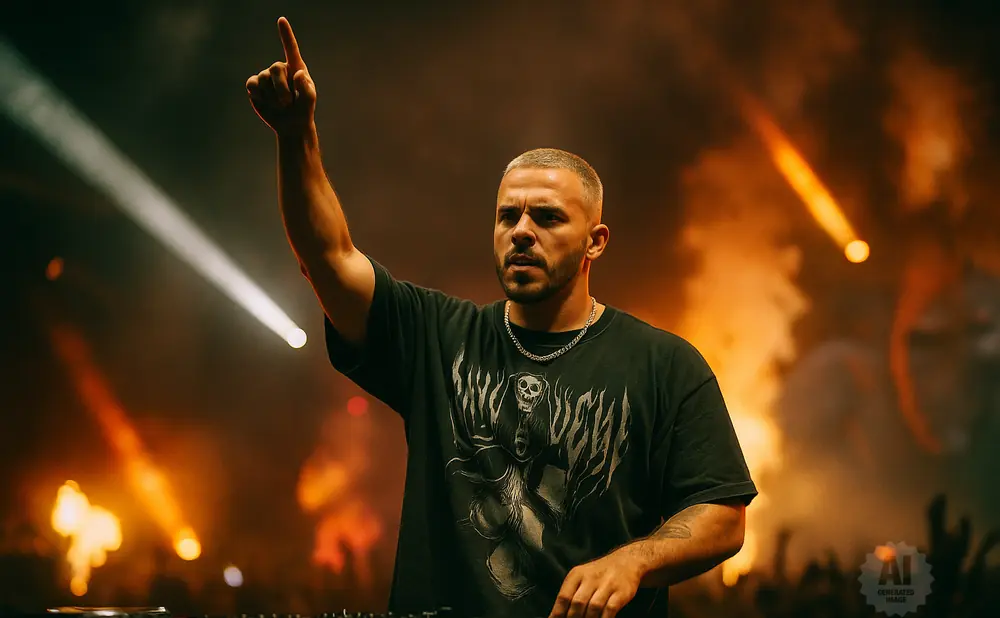 DJ with arm raised, silhouetted against stage lights and smoke.