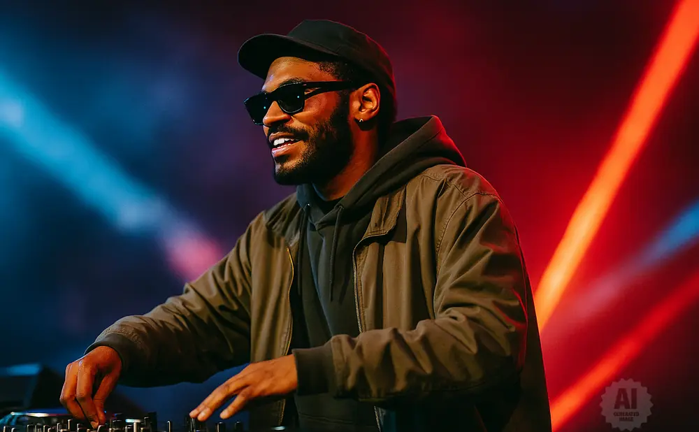 DJ in a black cap and sunglasses smiles as he mixes music with his hands on a DJ controller.